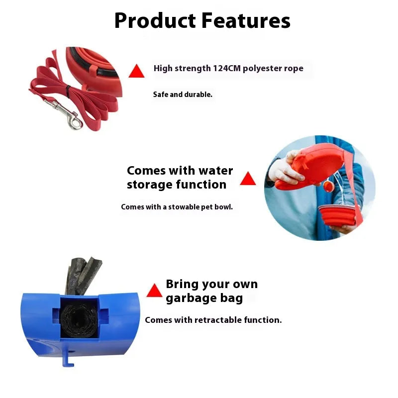 3-in-1 Dog Leash with Water Bottle & Waste Bag Holder, Retractable Heavy-Duty Pet Lead for Outdoor Walking Hiking Camping, Convenient Hands-Free Design