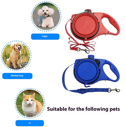3-in-1 Dog Leash with Water Bottle & Waste Bag Holder, Retractable Heavy-Duty Pet Lead for Outdoor Walking Hiking Camping, Convenient Hands-Free Design